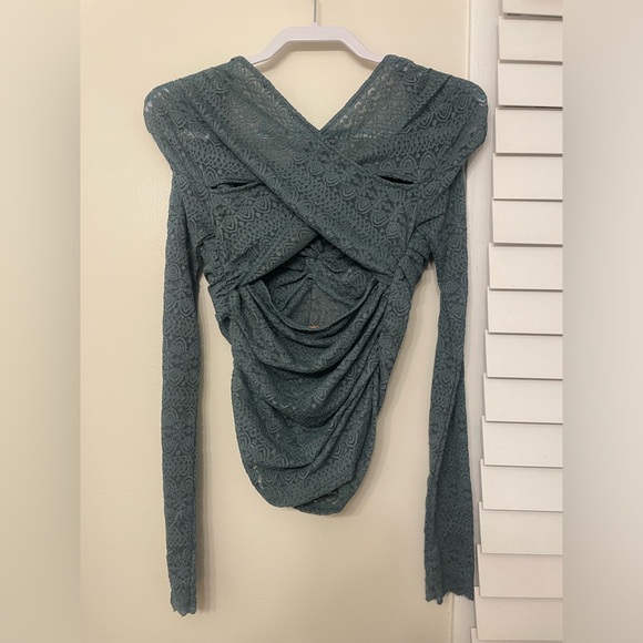 FREE PEOPLE DARK GREEN LACE RUCHED HOLD ME CLOSER LONG SLEEVE TOP- SMALL - Picture 3 of 5